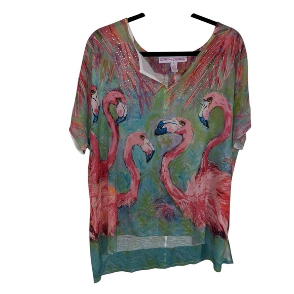 Leoma lovegrove art flamingo top shirt tunic xl pink green rhinestones like new - Picture 1 of 6